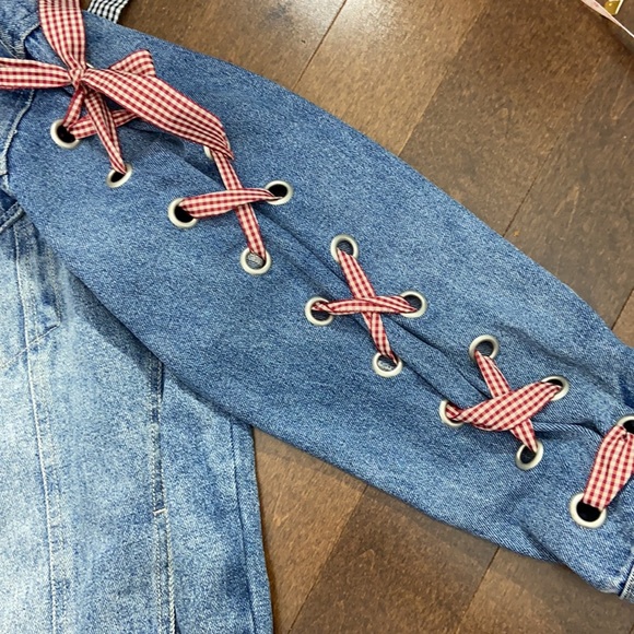 COPY - Zara Blue Oversized Denim Jacket with Gingham Ribbon Detail - Picture 5 of 15